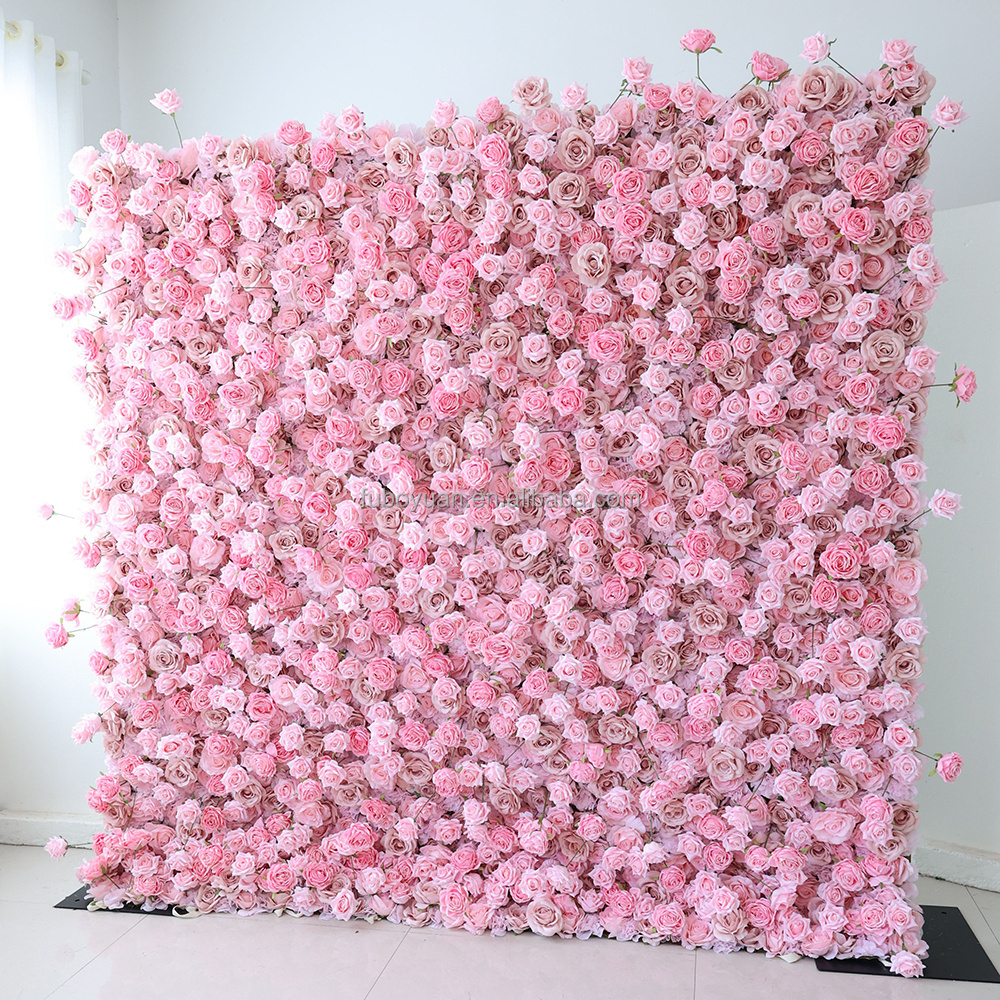 F01 Custom Wedding Event Decor Pink Floral Wall Backdrop Panel 3D 5D Roll Up Fabric Artificial Silk Rose Flower Wall for Decor