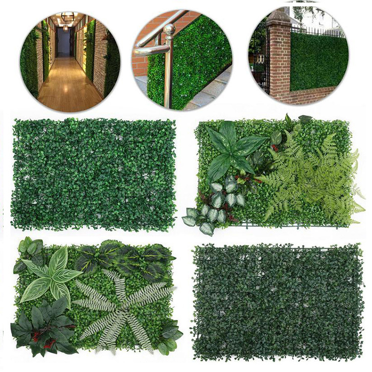 Modern background hanging plants hedge wall system vertical garden covering simulation green boxwood leafy  grass wall panel