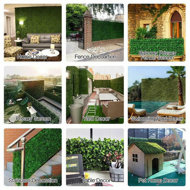 Modern background hanging plants hedge wall system vertical garden covering simulation green boxwood leafy  grass wall panel