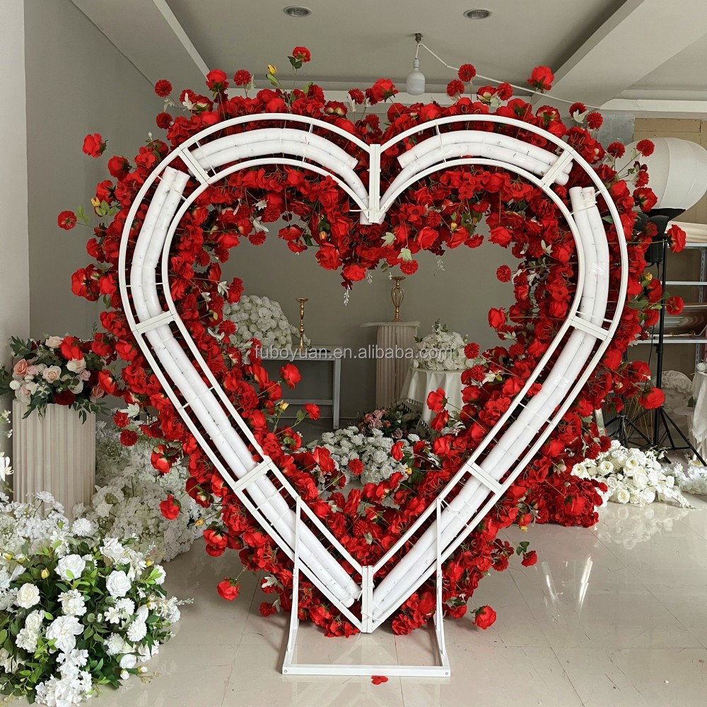 E801 Artificial flowers row red roses arch Heart shaped shelf Round arch backdrop mori tied lawn wedding proposal arrangement