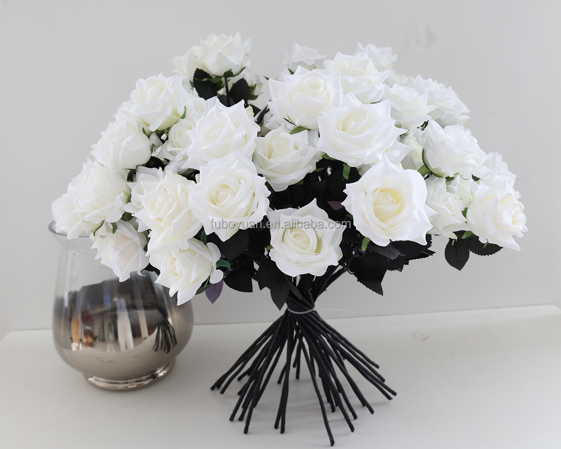 SZ04 High Quality Real Looking roses artificial flowers Wedding Gift rose flower Silk single white rose  for whole sale