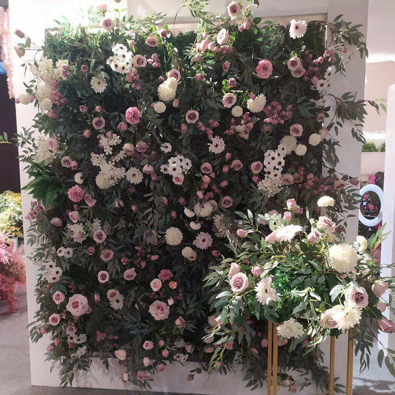 F173 3D Rolled Up Pink Flower Backdrop Party Decoration Wedding Party Decorative Flowers Green Leaves Artificial Plant Wall