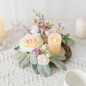 C2170 Wedding party table small ring decoration green white pink silk autumn candle artificial peony flower wreath centrepiece