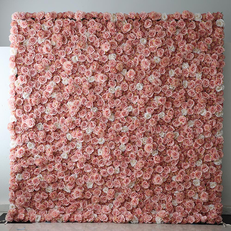 V619 Custom 3D Roll Up Fabric Cloth Base Pink Silk Rose Flowerwall Backdrop Panel Decor Artificial Flower Wall for Wedding Decor