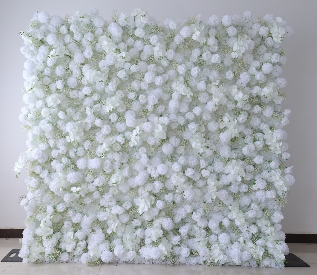 L06 Wedding Flower Panel Decor 5D Roll Up 8*8ft Grid Fabric Cloth Base Ivory White Artificial Silk Rose Flower Wall Backdrop