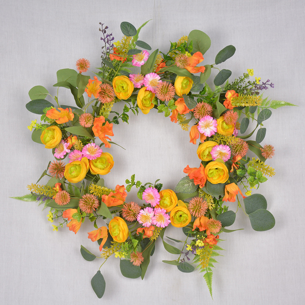 E- Spring Easter wreath door decoration Artificial flower Daisies Eucalyptus rabbit egg wreath home holiday decor