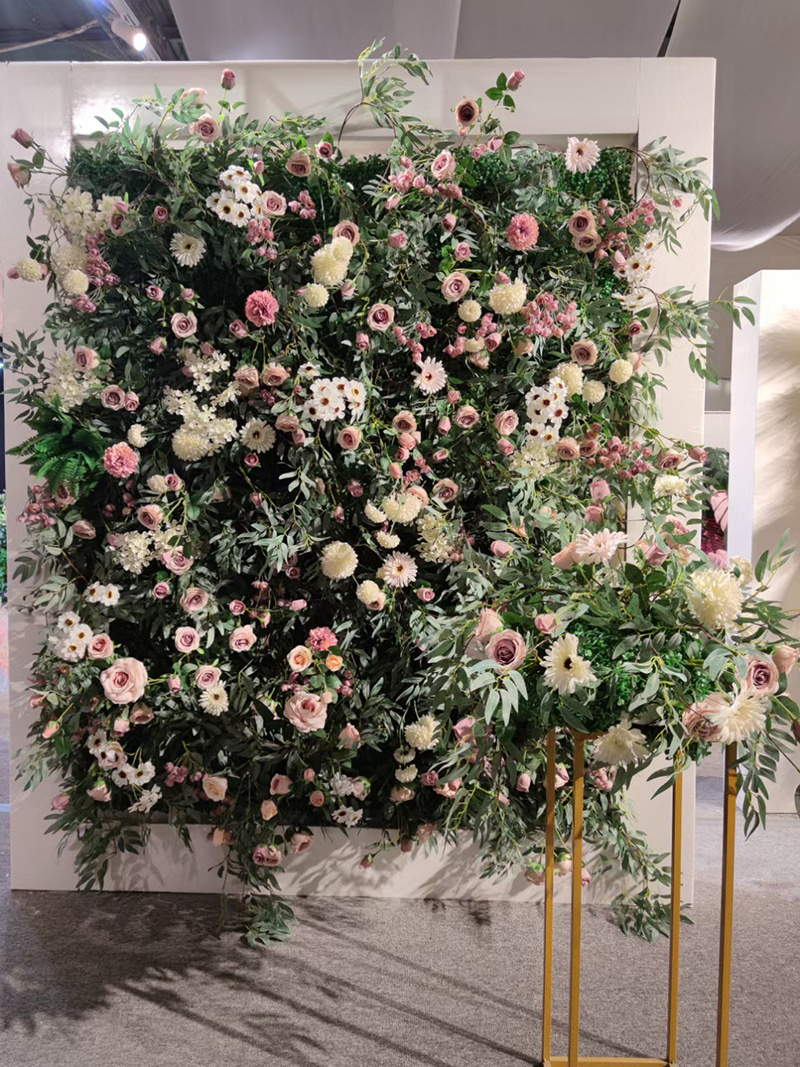 F173 3D Rolled Up Pink Flower Backdrop Party Decoration Wedding Party Decorative Flowers Green Leaves Artificial Plant Wall