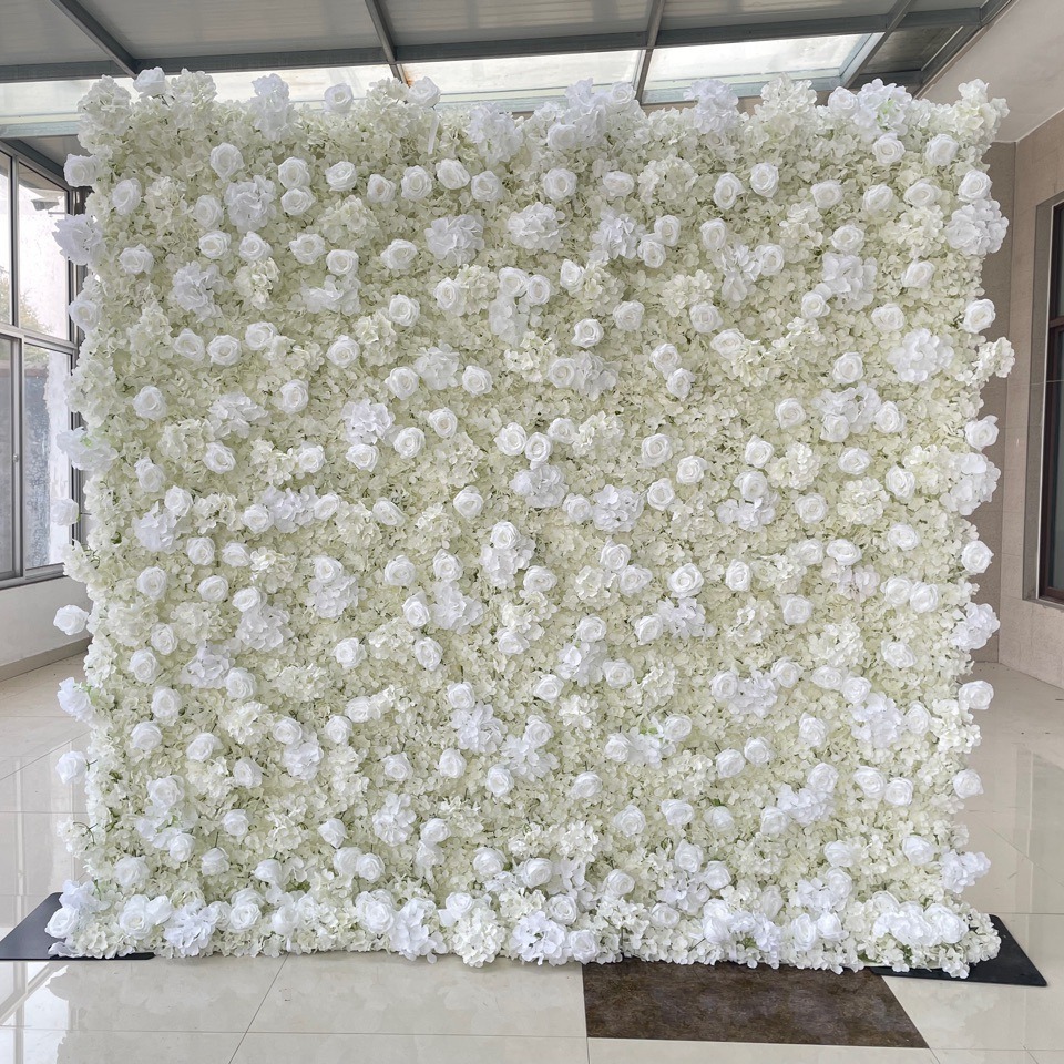 L06 Wedding Flower Panel Decor 5D Roll Up 8*8ft Grid Fabric Cloth Base Ivory White Artificial Silk Rose Flower Wall Backdrop