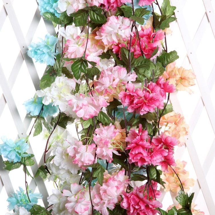 W06183 Fake White Romantic Ceiling Garden Decor Green Leaves Silk Sakura Flowers Artificial Cherry Blossom Garland