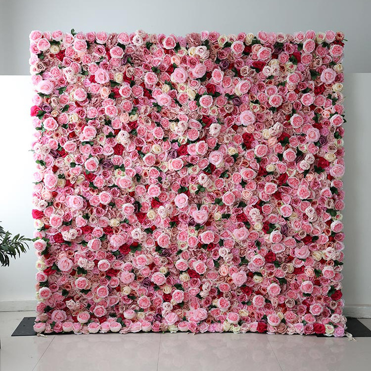 V619 Custom 3D Roll Up Fabric Cloth Base Pink Silk Rose Flowerwall Backdrop Panel Decor Artificial Flower Wall for Wedding Decor