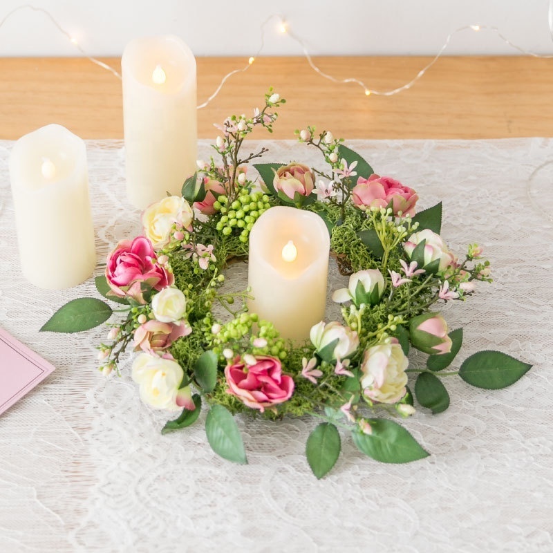 C2170 Wedding party table small ring decoration green white pink silk autumn candle artificial peony flower wreath centrepiece