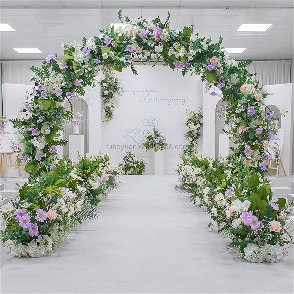 E- Four Seasons Outdoor Wedding arch background floral decoration faux white rose arches runner fake flower rows for party