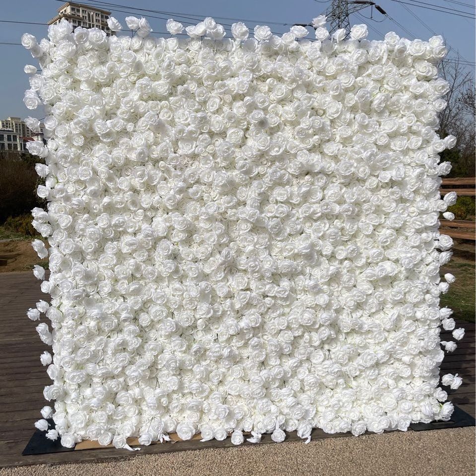 L06 Wedding Flower Panel Decor 5D Roll Up 8*8ft Grid Fabric Cloth Base Ivory White Artificial Silk Rose Flower Wall Backdrop