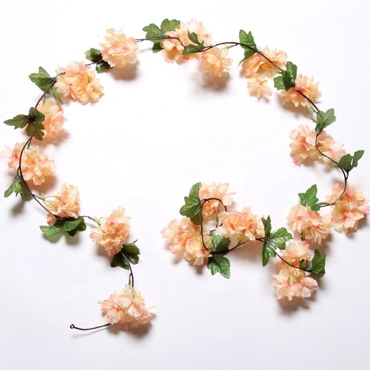 W06183 Fake White Romantic Ceiling Garden Decor Green Leaves Silk Sakura Flowers Artificial Cherry Blossom Garland