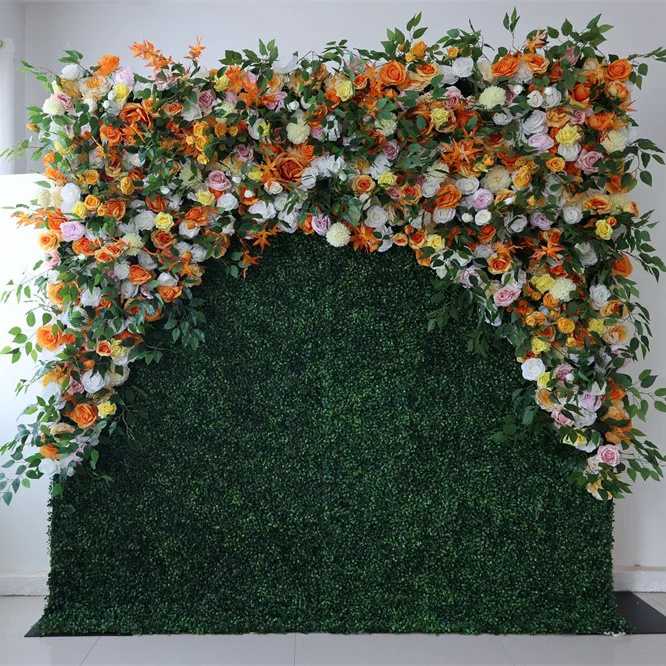 E- Custom wedding backdrop event decor flower wall artificial faux green pink rose flower panel salon decor