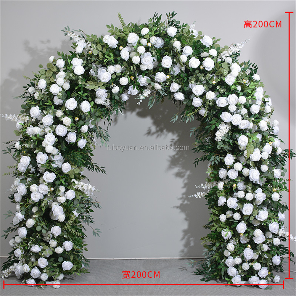 E- Four Seasons Outdoor Wedding arch background floral decoration faux white rose arches runner fake flower rows for party