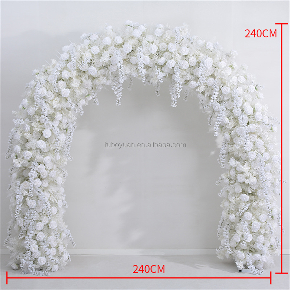 E- Four Seasons Outdoor Wedding arch background floral decoration faux white rose arches runner fake flower rows for party