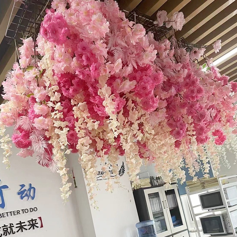 Pink Artificial Silk Cherry Blossom Flower Vine with Wisteria Wedding Ceiling Decor Hanging Flower Garland of Artificial Flowers