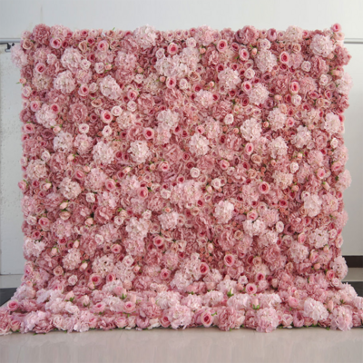 V619 Custom 3D Roll Up Fabric Cloth Base Pink Silk Rose Flowerwall Backdrop Panel Decor Artificial Flower Wall for Wedding Decor