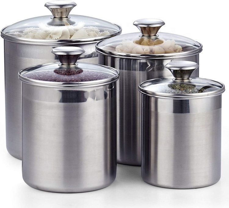 Stainless Steel Kitchen Storage Canister Jar Hot Selling Metal with Glass Cover Food Storage Bottles