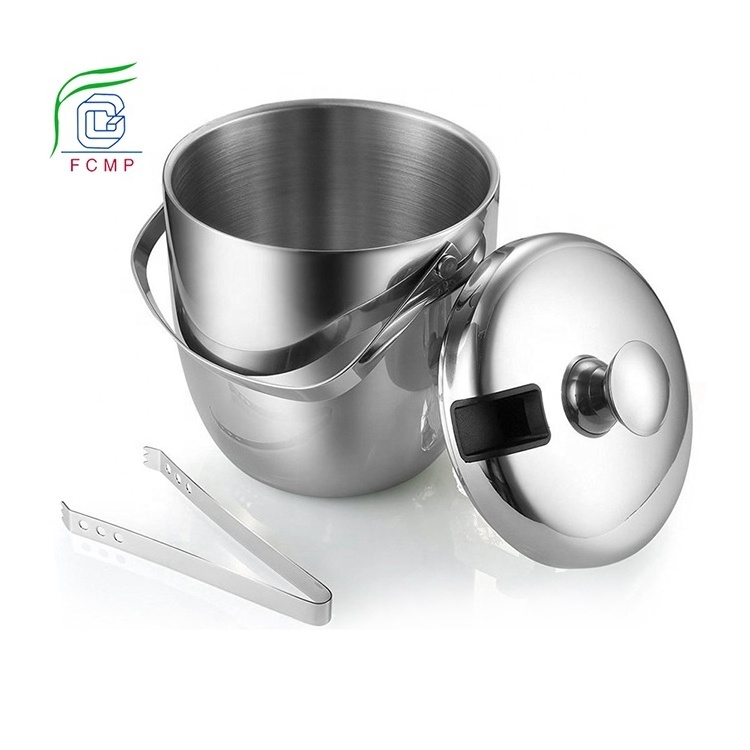 Double wall insulated stainless steel wine ice bucket with tongs