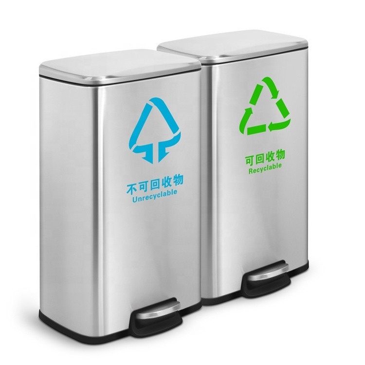 Large Capacity 30L Hotel  Dual Garbage Can Stainless Steel Dustbin Custom Printed Metal Foot Pedal Galvanized Trash Can