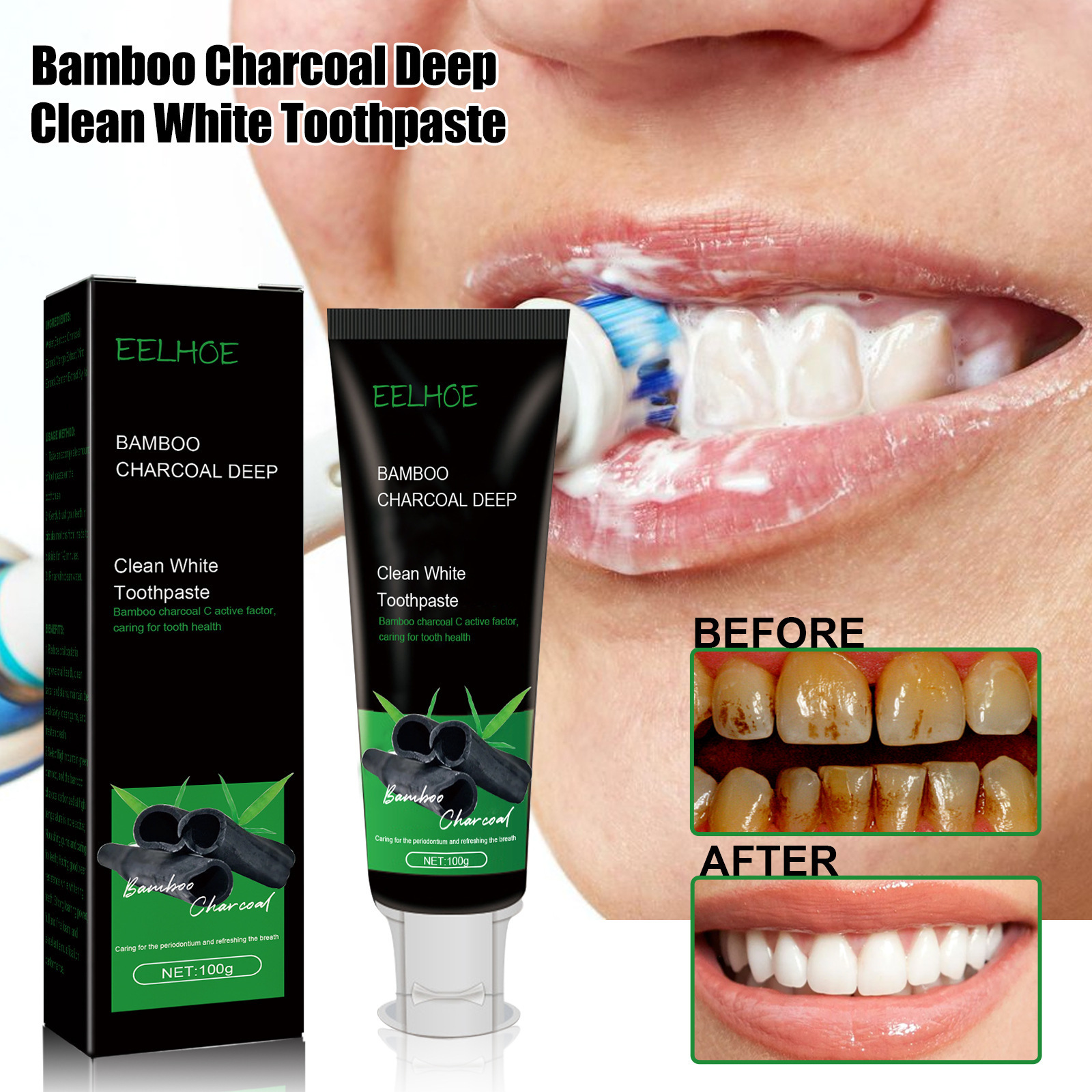 EELHOE Teeth Whitener Private Logo Home-used Natural Bamboo Activated Charcoal Toothpaste