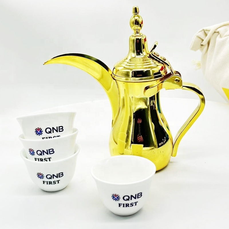 Golden/Silver Traditional 12OZ Stainless Steel Tea & Coffee Pot Dallah With Cup Dallah Set Arabic Coffee Pot For Ramadan Gifts