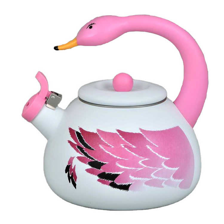 2.2LT/2.3QT. White Enameled Luzern Kettle Porcelain with Pink Flamingo Handle and Wing Design