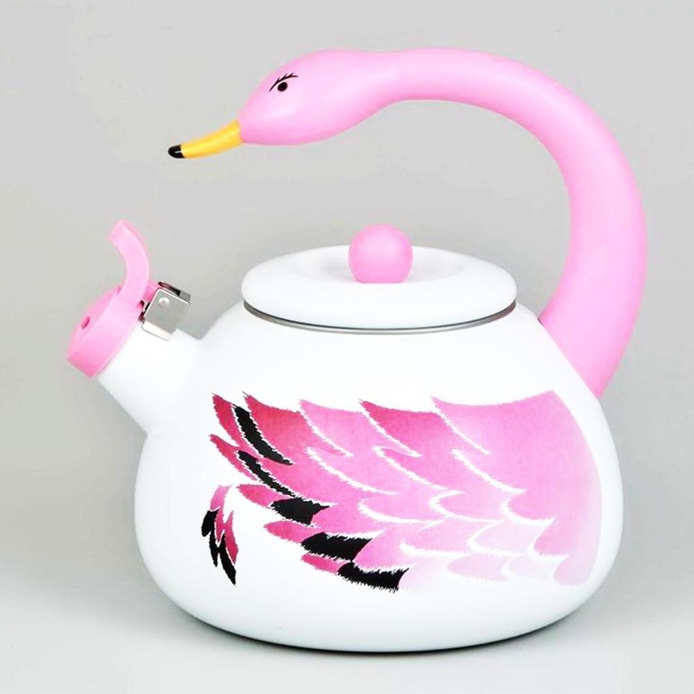 2.2LT/2.3QT. White Enameled Luzern Kettle Porcelain with Pink Flamingo Handle and Wing Design