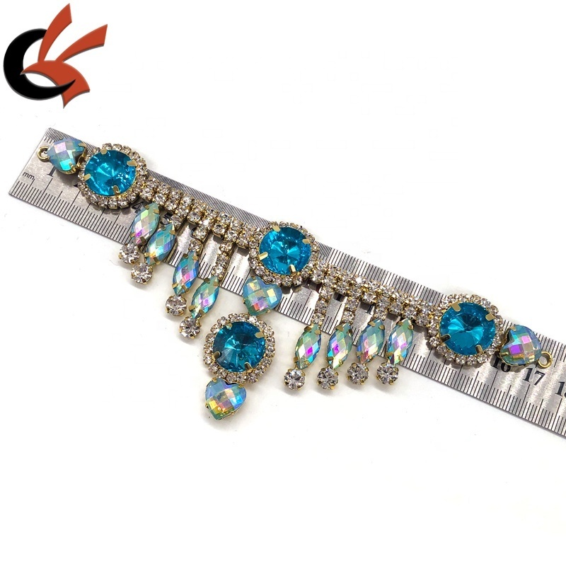 Aquamarine AB Colors Crystal T-Shaped Metal Connector Rhinestone Tassel Appliques Garments Dresses Shoes Belts Bags Decoration