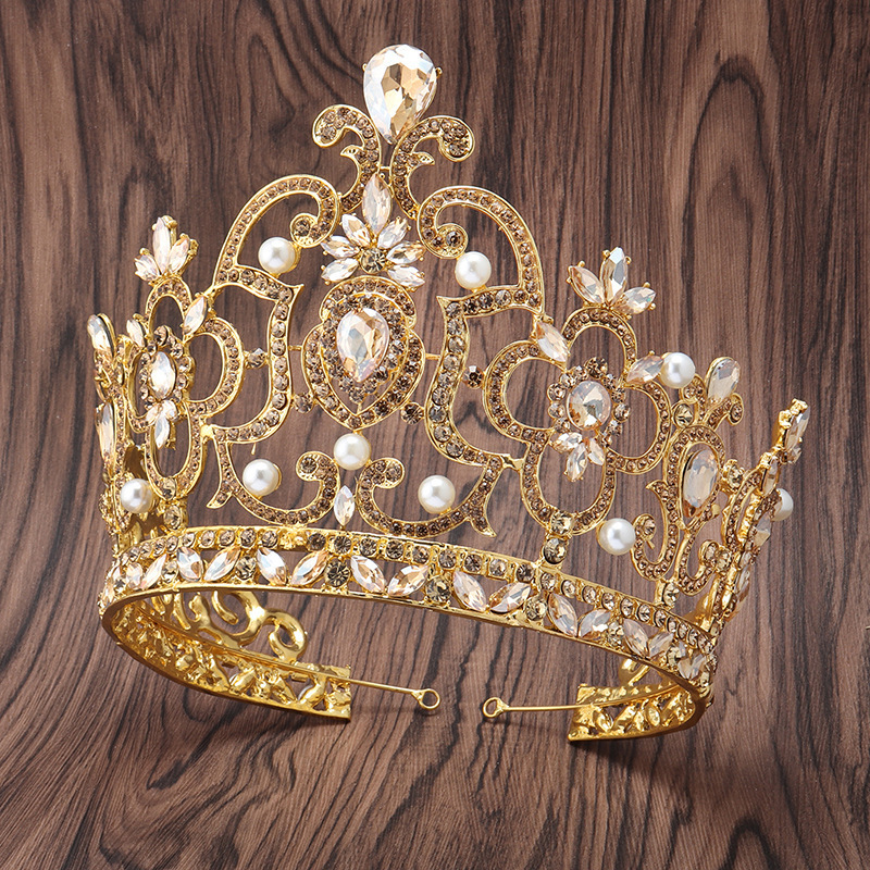 Wholesale Custom Beauty Pageant Champaign Gold Large Zircon Crystal Rhinestone Queen Tiara Crown