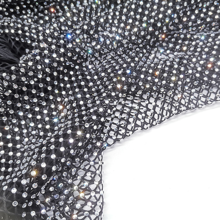 rhinestone covered fabric mesh 1meter width stretchable black fabric 3mm crystal rhinestone mesh trim