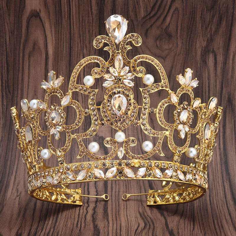 Wholesale Custom Beauty Pageant Champaign Gold Large Zircon Crystal Rhinestone Queen Tiara Crown