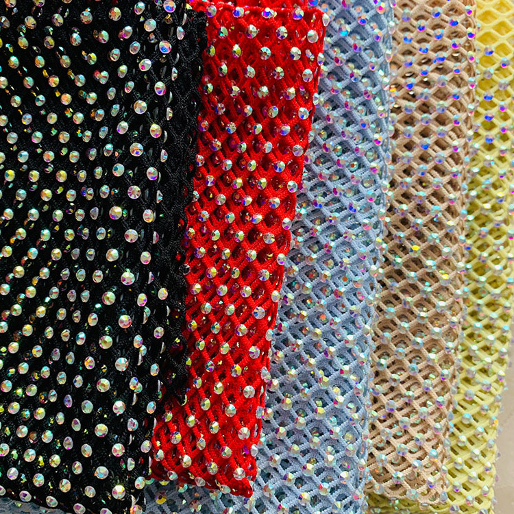 wholesale gorgeous stretchable crystal rhinestone mesh fabric for dress shoe bag hat home decoration