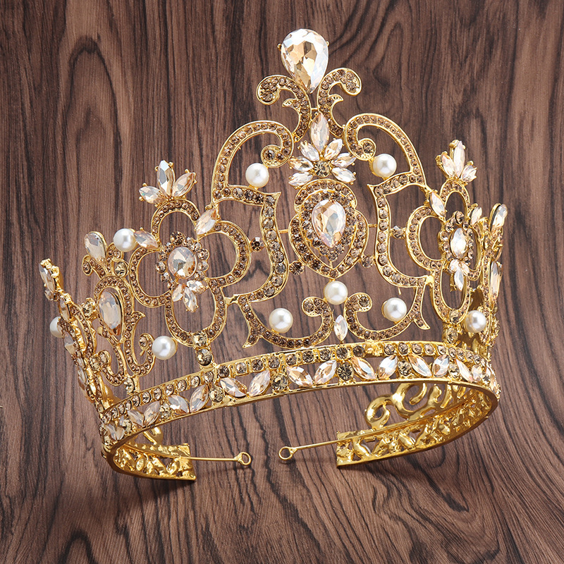 Wholesale Custom Beauty Pageant Champaign Gold Large Zircon Crystal Rhinestone Queen Tiara Crown