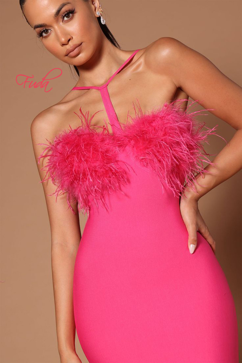 FUDA AB655  Low-Cut Halterneck Bandage Dress Fashionable Party Hot Ostrich Feather Dress