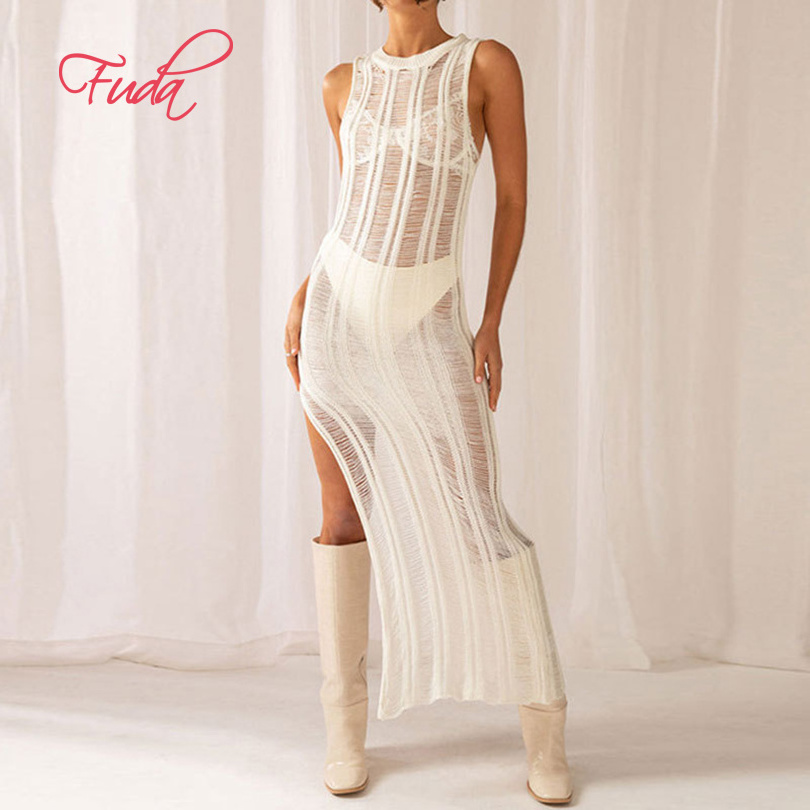 FUDA AB675  Sleeveless Slim Long Dress Knitted Summer Dress Girls Sleeveless Women's New Sexy Solid Color Nude Knitted Dress