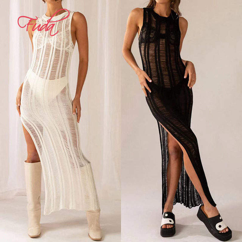 FUDA AB675  Sleeveless Slim Long Dress Knitted Summer Dress Girls Sleeveless Women's New Sexy Solid Color Nude Knitted Dress