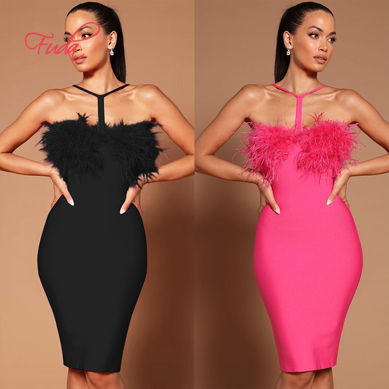 FUDA AB655  Low-Cut Halterneck Bandage Dress Fashionable Party Hot Ostrich Feather Dress