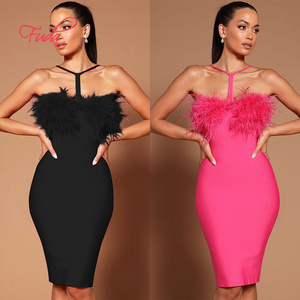 FUDA AB655  Low-Cut Halterneck Bandage Dress Fashionable Party Hot Ostrich Feather Dress