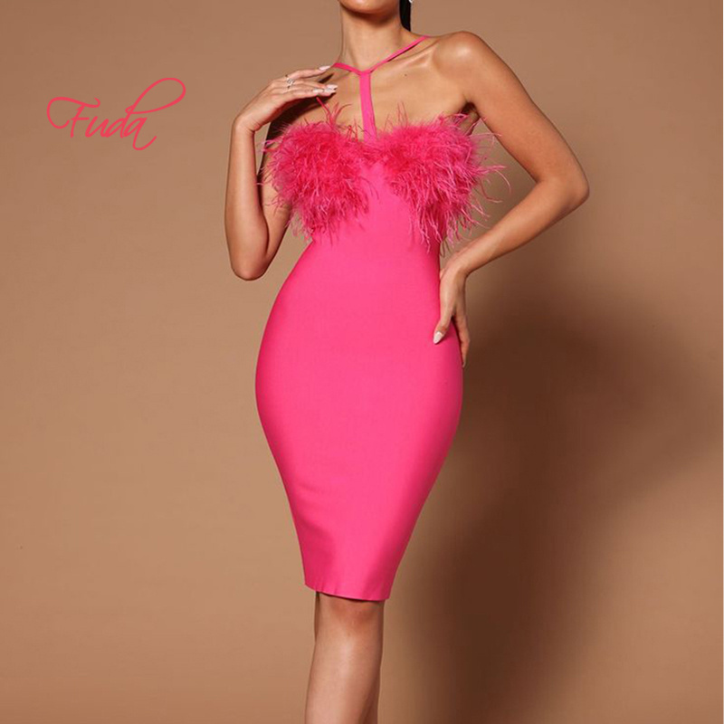 FUDA AB655  Low-Cut Halterneck Bandage Dress Fashionable Party Hot Ostrich Feather Dress