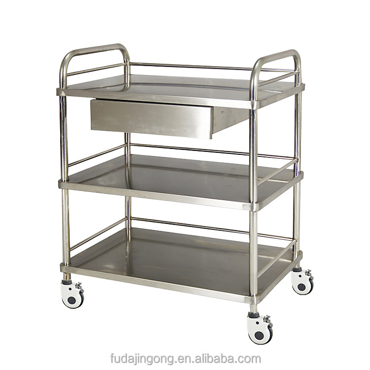 Factory sale direct cheap hospital furniture 3-tier stainless steel medical trolley with drawer