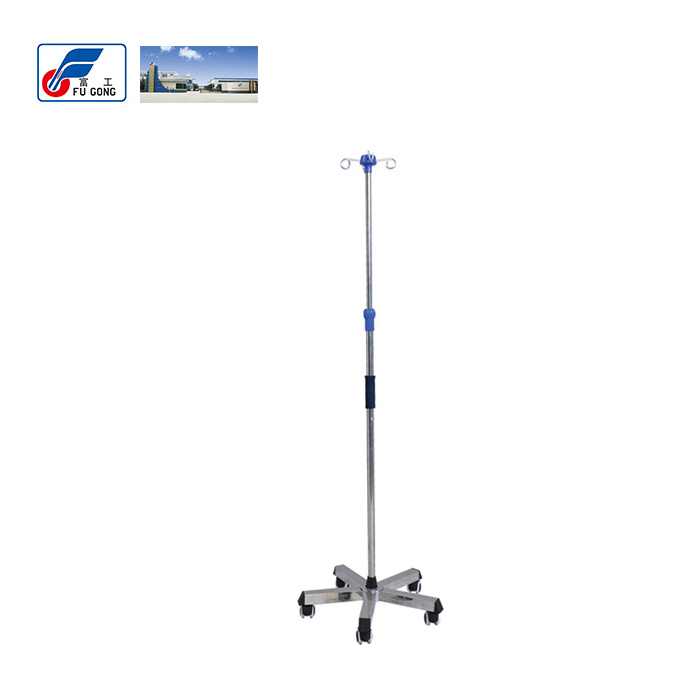 Height adjustable stainless steel IV pole stand on wheels