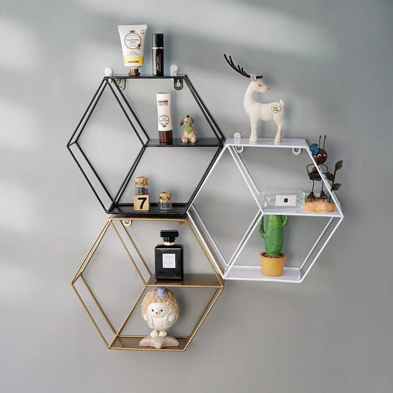 29cm Metal Wall Mounted Hexagonal House Shape Floating Shelves with Wood Partition Wall Storage Rack shelf Living Room Decor