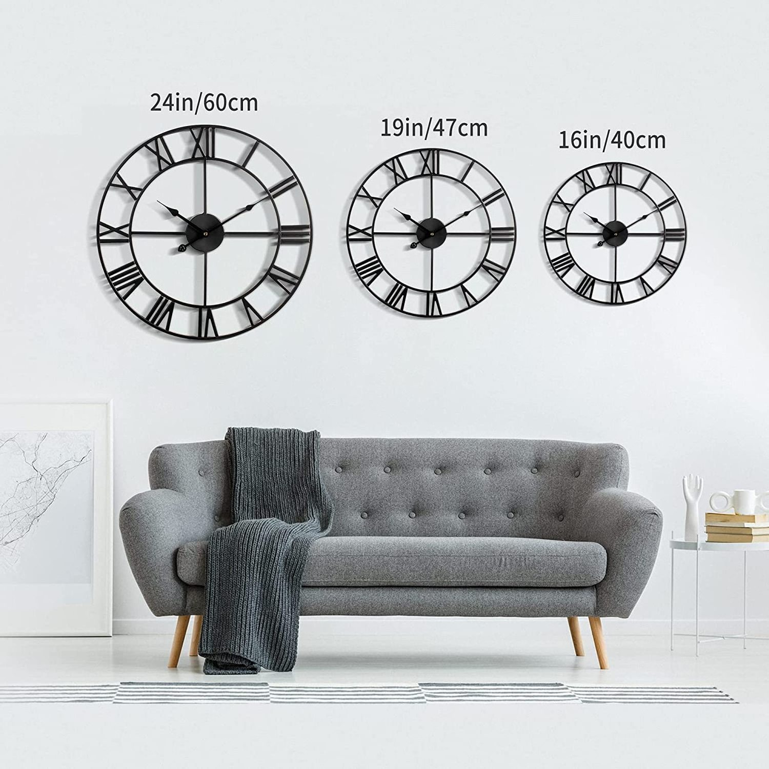 60cm Modern Metal Wall Clocks Round Nearly Silent Battery Operated Black Roman Numerals Clock for Living Room