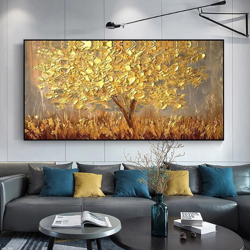 Hand Painted Large Palette 3d Knife Gold Tree Painting Modern Landscape Oil Painting On Canvas