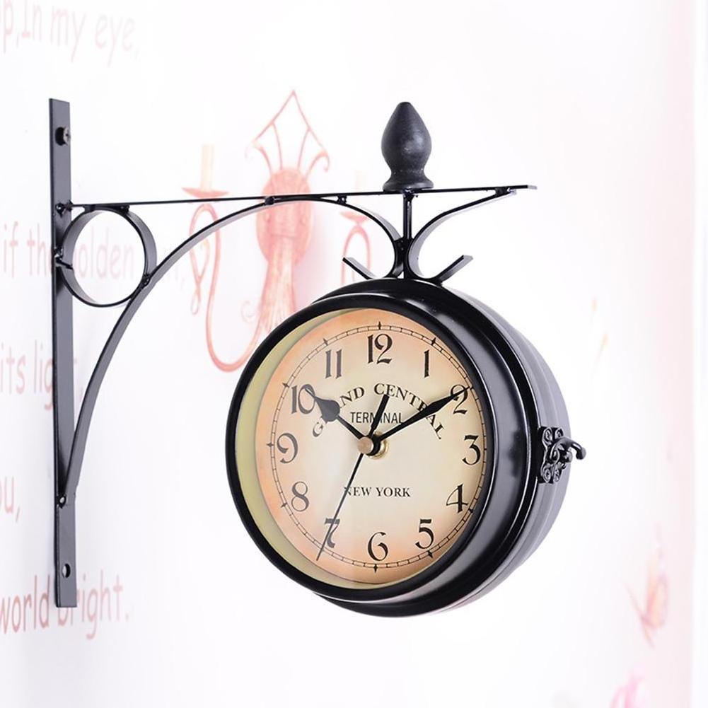 25x9x22cm Retro style decorative garden wall mounted metal frame clocks outdoor black double sided pendant clock