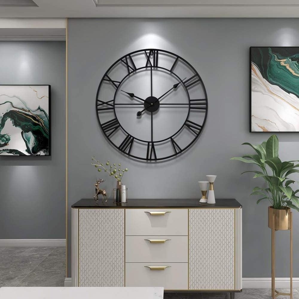 60cm Modern Metal Wall Clocks Round Nearly Silent Battery Operated Black Roman Numerals Clock for Living Room