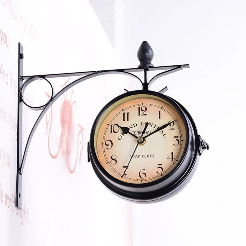 25x9x22cm Retro style decorative garden wall mounted metal frame clocks outdoor black double sided pendant clock